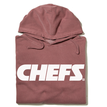 Dusty rose RAYGUN hooded sweatshirt with the word CHEFS printed in large white block letters across the chest.