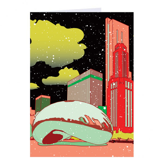 An illustrated city skyline at night featuring Chicago’s Cloud Gate sculpture in the foreground during a snowfall on this folded greeting card.