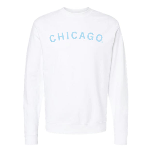 White long-sleeve crewneck RAYGUN sweatshirt with the word CHICAGO printed in light blue across the chest.