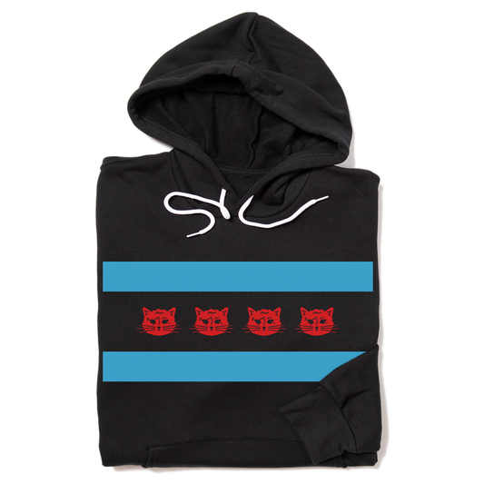 Black RAYGUN hoodie with white drawstrings, featuring two horizontal blue stripes with four red Gary the Cat icons centered between them.