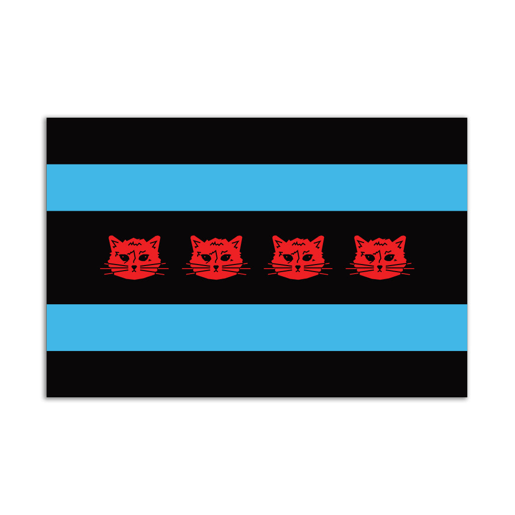 A RAYGUN vinyl sticker of a flag with alternating horizontal black and light blue stripes, featuring four identical red cat faces centered across the middle stripe.