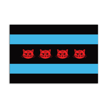 A RAYGUN vinyl sticker of a flag with alternating horizontal black and light blue stripes, featuring four identical red cat faces centered across the middle stripe.