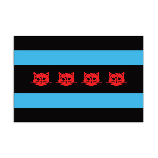 A RAYGUN vinyl sticker of a flag with alternating horizontal black and light blue stripes, featuring four identical red cat faces centered across the middle stripe.