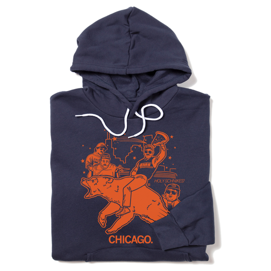 Union-made navy blue hoodie featuring an orange RAYGUN graphic of characters riding a bear, with the text HOLY SCHNIKES! and CHICAGO.