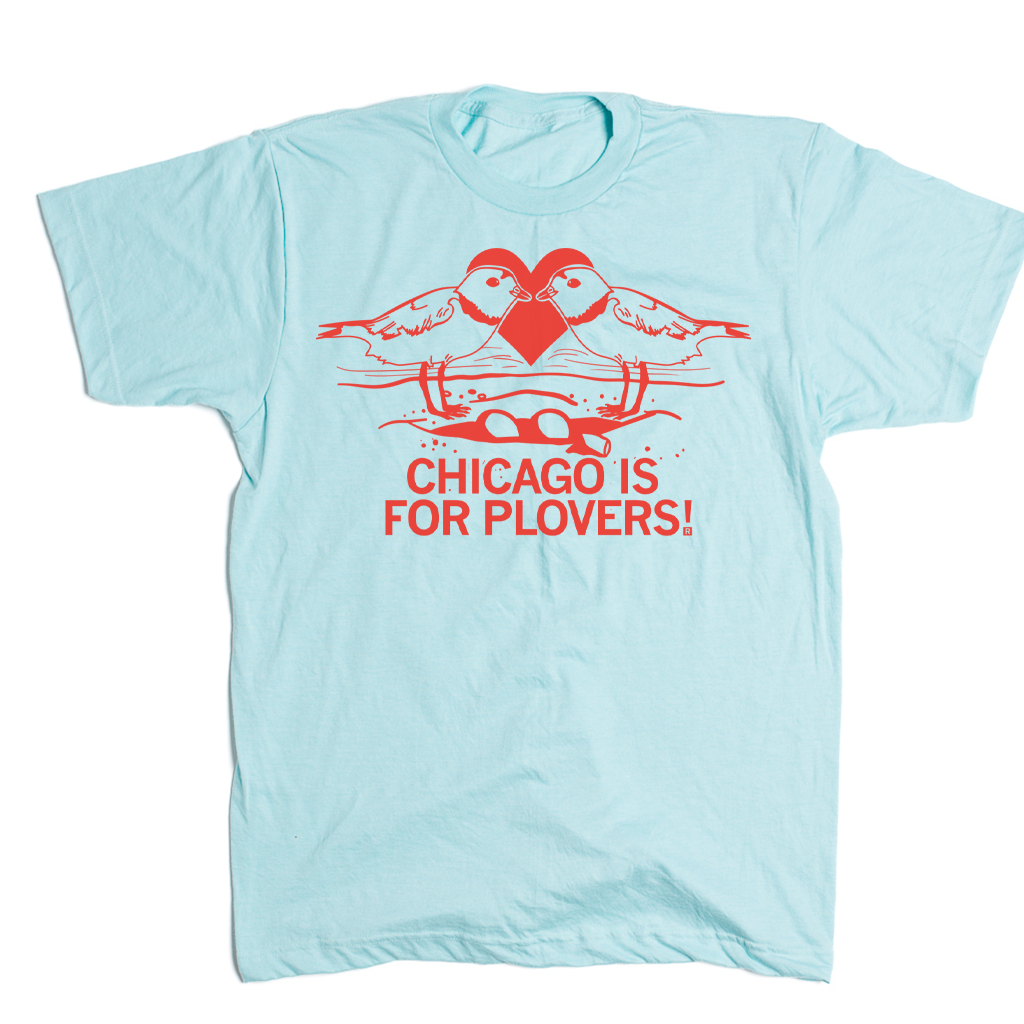 Union-made light blue t-shirt featuring a red graphic of two plovers facing a heart, with the text CHICAGO IS FOR PLOVERS! below.