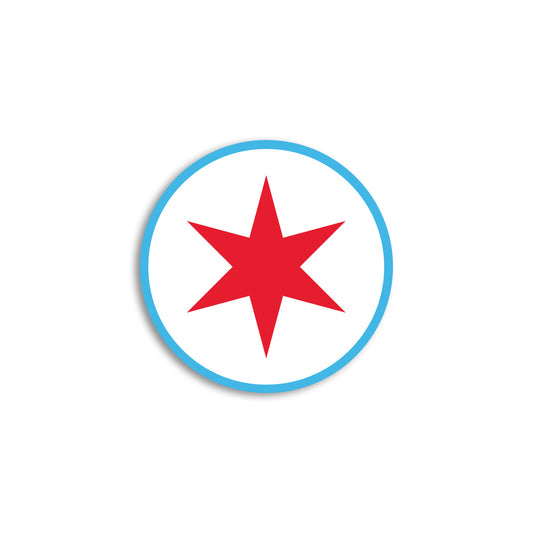 A Chicago RAYGUN vinyl sticker featuring a six-pointed red star inside a white circle with a thin light blue border.