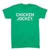 Heather Kelly Green short-sleeved t-shirt with CHICKEN JOCKEY printed in white letters on the chest.
