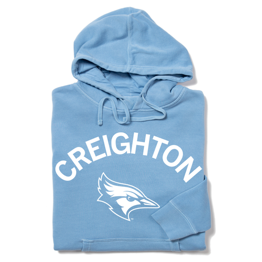 Light blue Creighton Bluejays pullover hoodie featuring the white university logo and mascot.