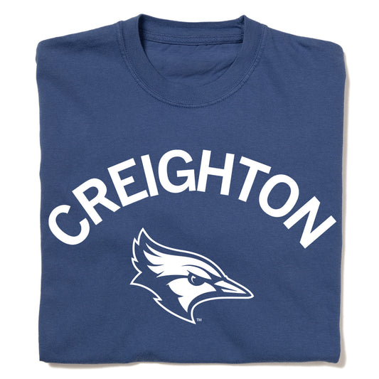 Blue heavyweight cotton t-shirt featuring the white Creighton University logo and Bluejay mascot.