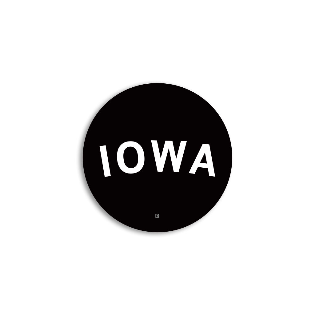 Black Iowa vinyl sticker featuring the word IOWA in white, arched capital letters.