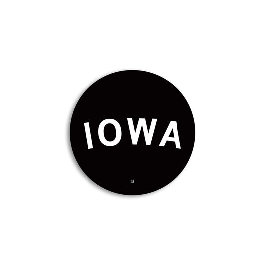 Black Iowa vinyl sticker featuring the word IOWA in white, arched capital letters.