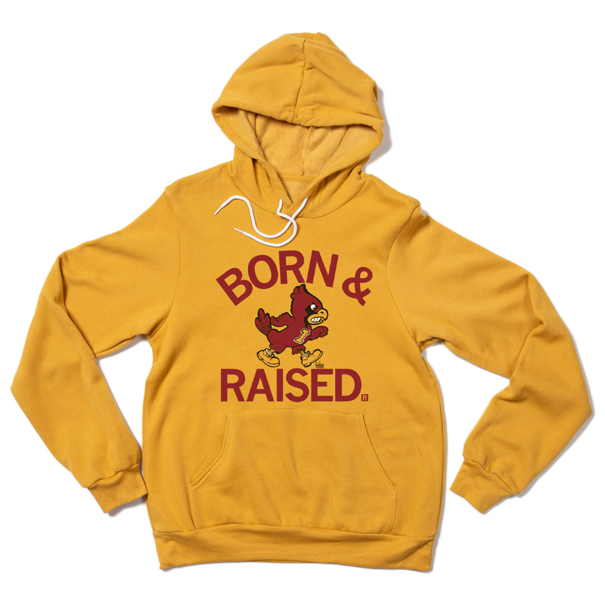 Heather mustard pullover hoodie featuring a graphic that reads BORN & RAISED with a cartoon cardinal mascot.