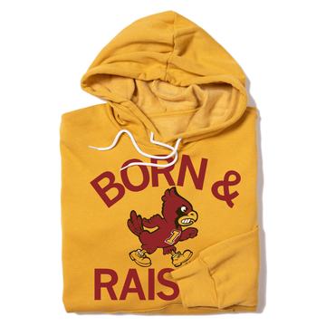 Heather mustard pullover hoodie featuring a cardinal mascot and the text BORN & RAIS in maroon.