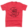 Red short-sleeved RAYGUN t-shirt featuring a crowned lion and the text Czech yourself before you wreck yourself, a nod to the Cedar Rapids Czech Village.