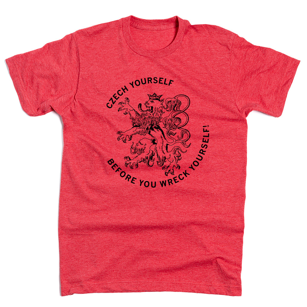 Red short-sleeved RAYGUN t-shirt featuring a crowned lion and the text Czech yourself before you wreck yourself, a nod to the Cedar Rapids Czech Village.