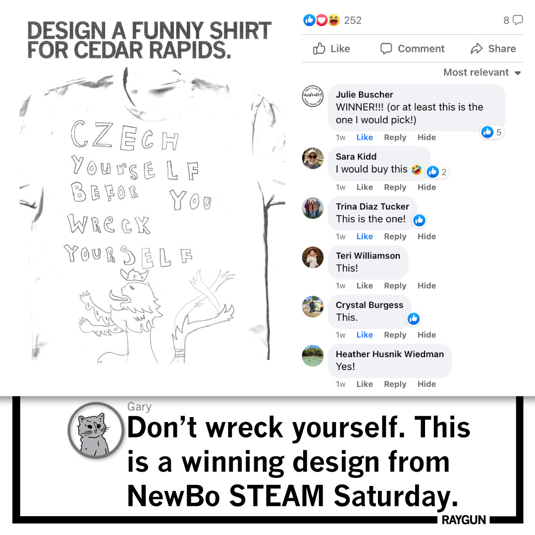 A social media post featuring a RAYGUN t-shirt design with a lion illustration and the text Czech yourself before you wreck yourself, with comments from users praising the design in the Czech Village.
