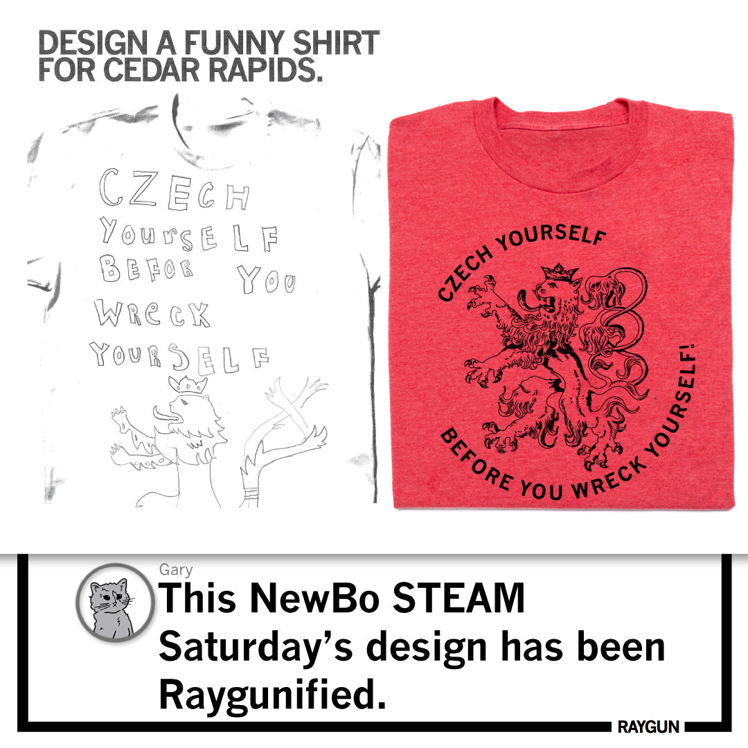 A side-by-side comparison showing a hand-drawn sketch of a RAYGUN T-shirt design next to a finished red shirt featuring a stylized Czech lion emblem and the text Czech yourself before you wreck yourself.