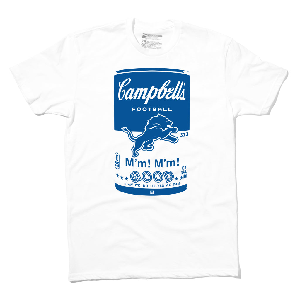 A sweatshop-free, Hawaii blue t-shirt featuring a Campbell’s-style soup can labeled Football with a Detroit Lions logo, the phrase Mm! Mm! Good, and the text Can we do it? Yes we Dan.