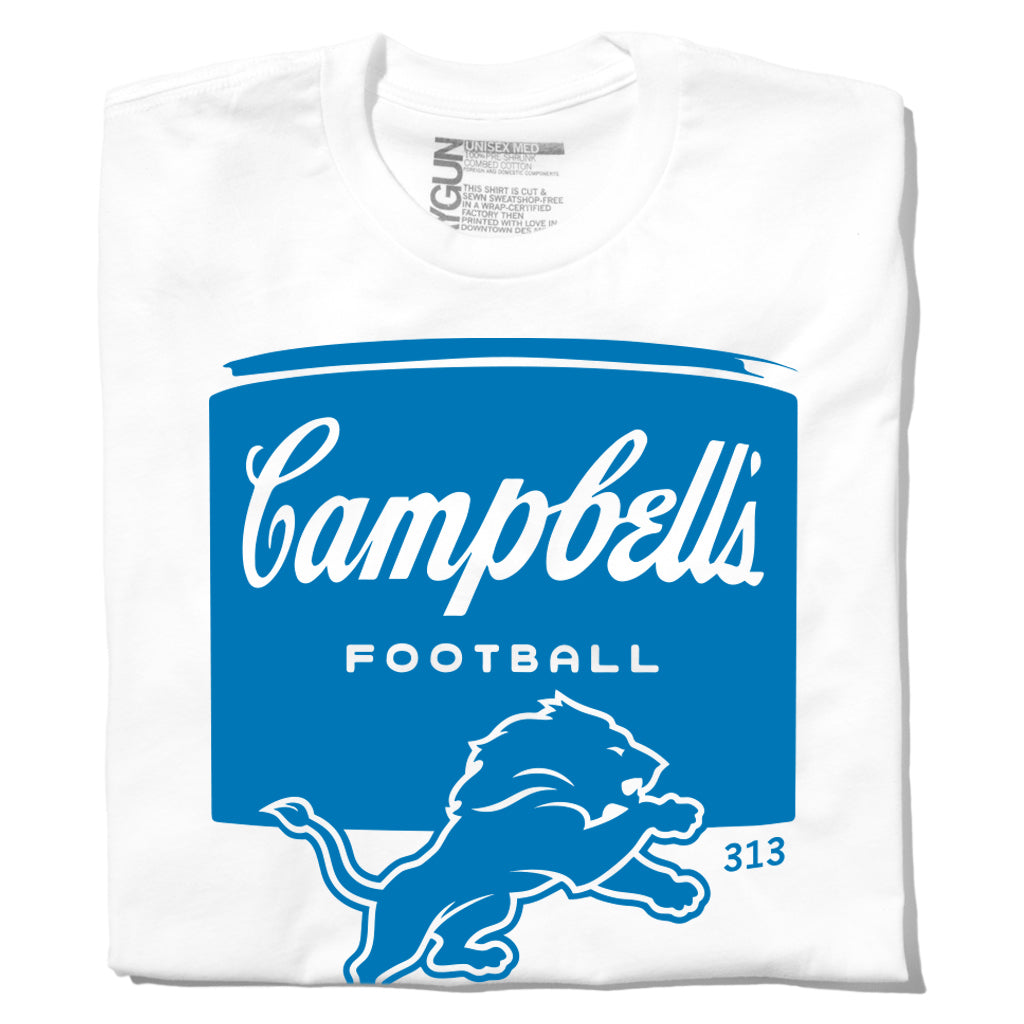 White Hawaii Blue t-shirt featuring a blue graphic of a Campbell’s-style soup label that reads Campbell’s FOOTBALL above a Detroit Lions logo and the number 313.