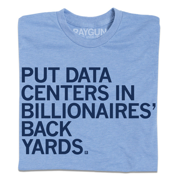 A heather light blue t-shirt with navy ink that reads 