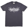 Charcoal gray, union-made RAYGUN short-sleeve t-shirt with a white, jagged, metal-style font across the chest and a small cat face icon below the text.