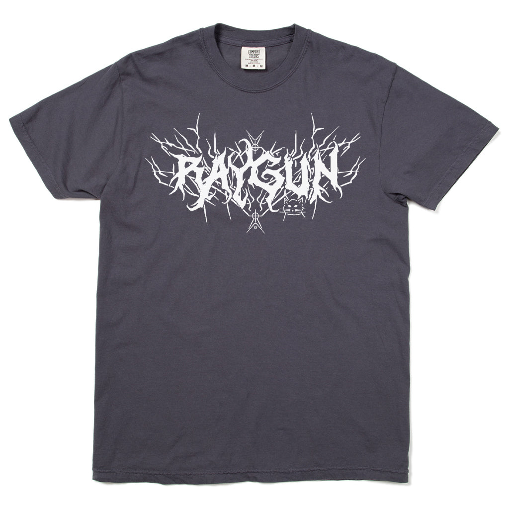 Charcoal gray, union-made RAYGUN short-sleeve t-shirt with a white, jagged, metal-style font across the chest and a small cat face icon below the text.