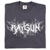 Heavyweight dark gray RAYGUN t-shirt with white graphic text in a stylized metal font, featuring a small cat outline.