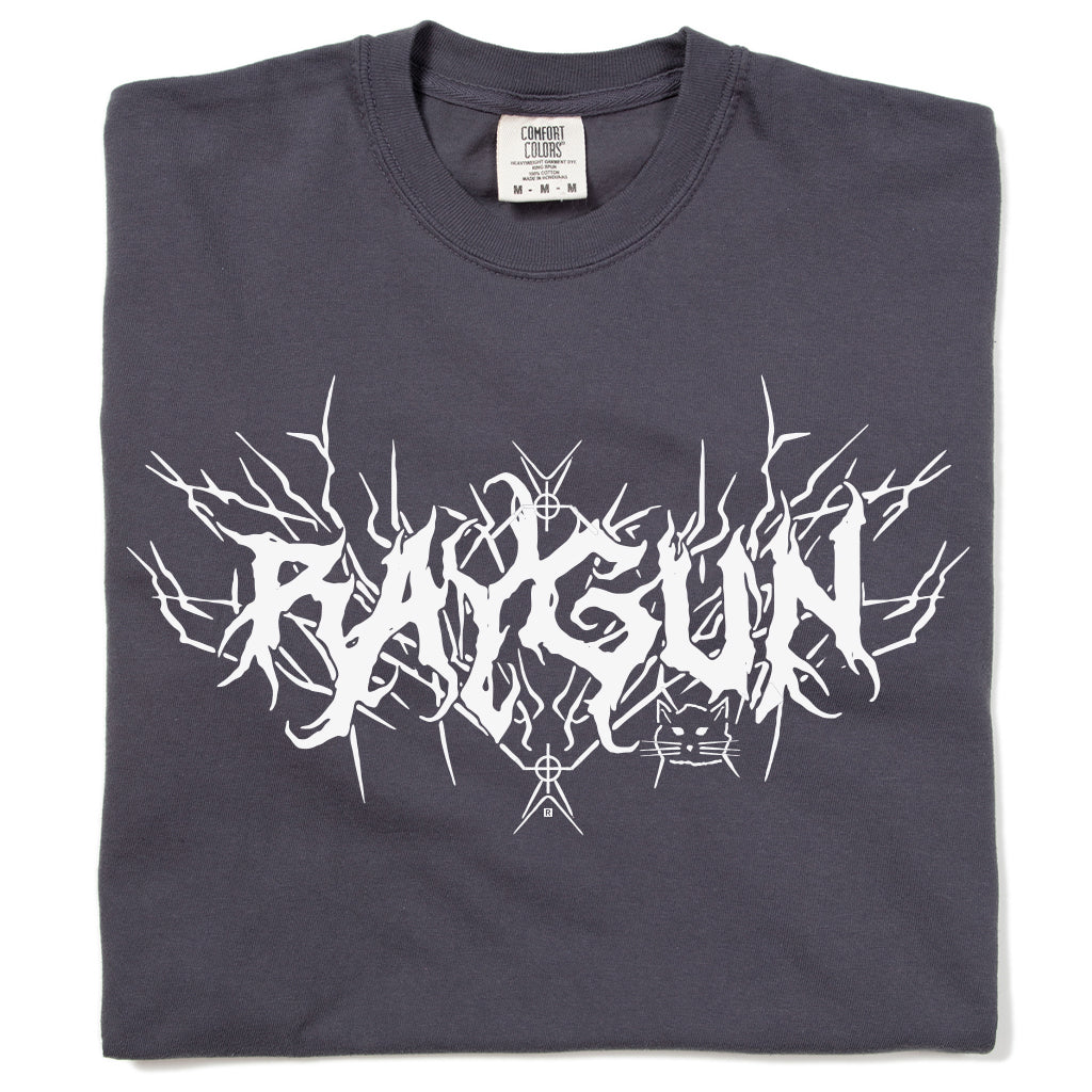 Heavyweight dark gray RAYGUN t-shirt with white graphic text in a stylized metal font, featuring a small cat outline.