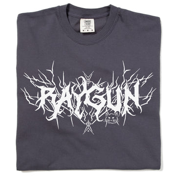 Heavyweight dark gray RAYGUN t-shirt with white graphic text in a stylized metal font, featuring a small cat outline.
