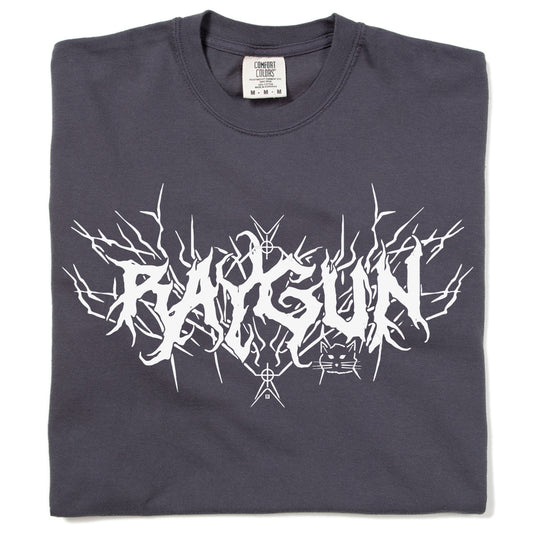Heavyweight dark gray RAYGUN t-shirt with white graphic text in a stylized metal font, featuring a small cat outline.