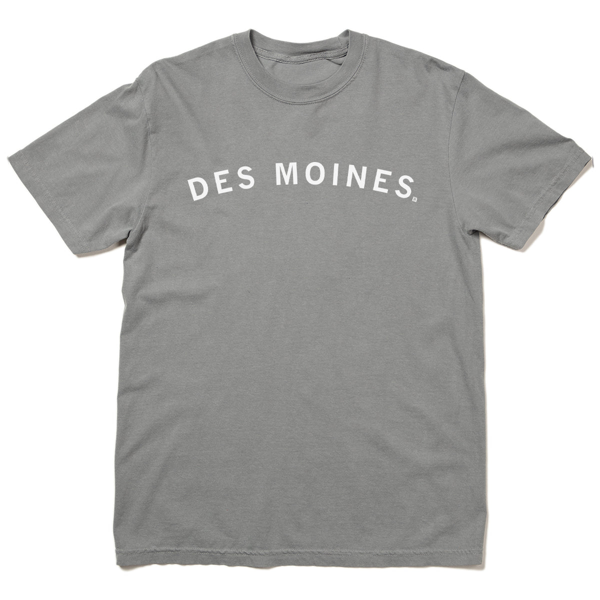 Heavyweight gray short-sleeve crewneck t-shirt with DES MOINES. printed in a white arched font across the chest.