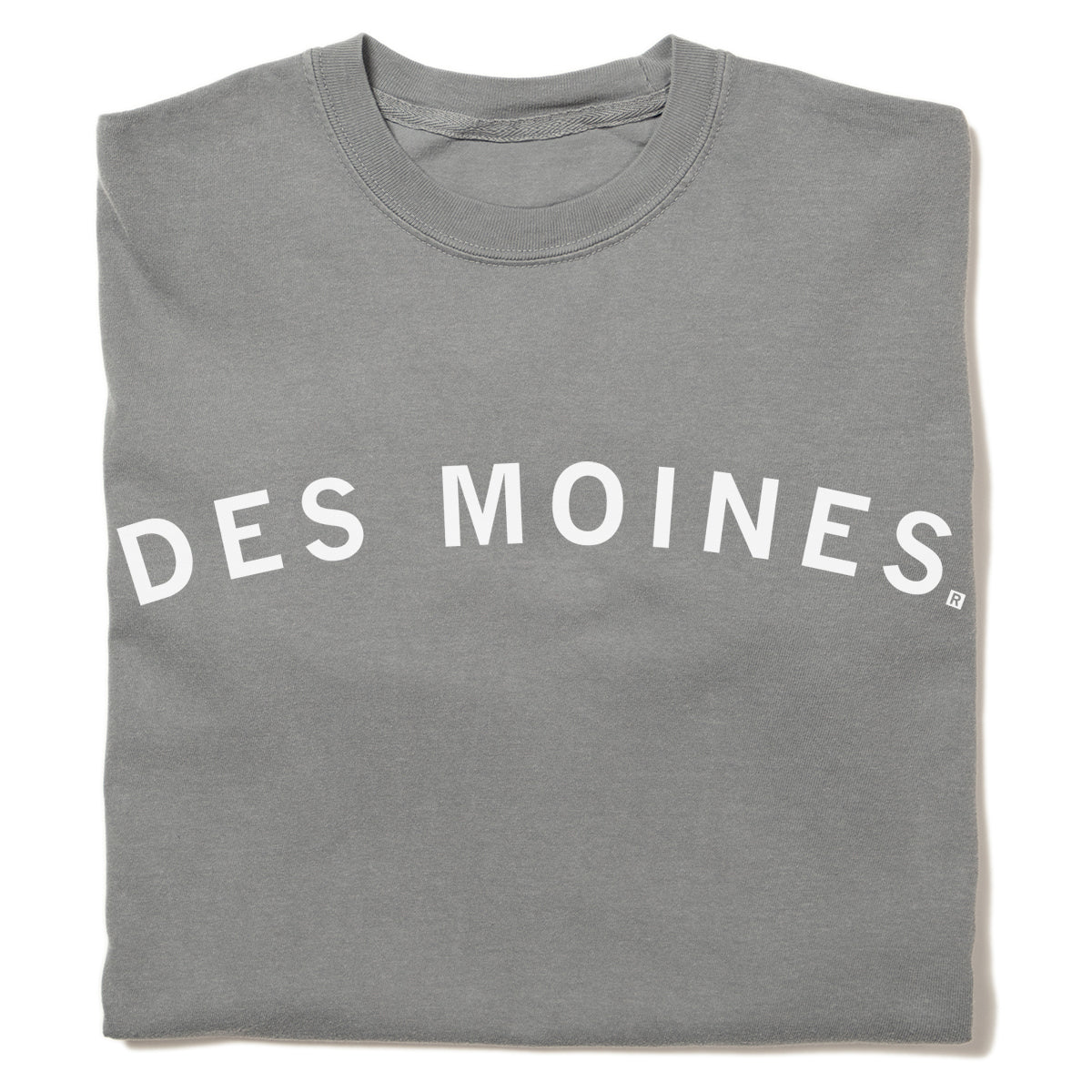 Folded, union made gray crewneck t-shirt with DES MOINES printed in white arching text across the chest.