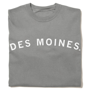 Folded, union made gray crewneck t-shirt with DES MOINES printed in white arching text across the chest.
