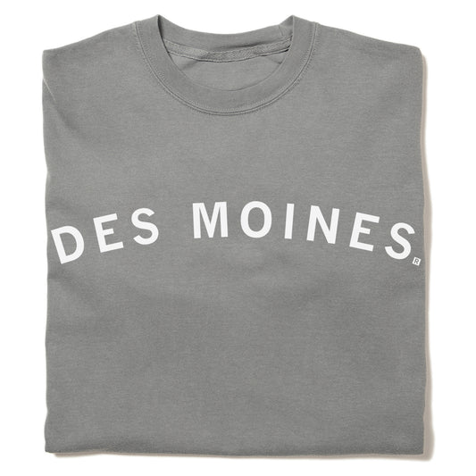 Folded, union made gray crewneck t-shirt with DES MOINES printed in white arching text across the chest.