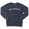Dark grey RAYGUN crewneck sweatshirt with DES MOINES printed in white letters across the chest.
