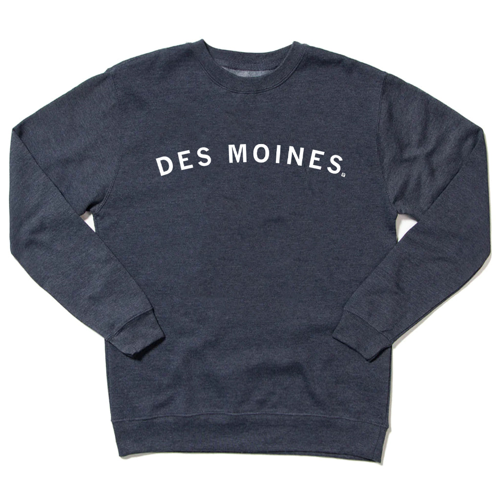 Dark grey RAYGUN crewneck sweatshirt with DES MOINES printed in white letters across the chest.