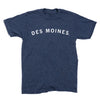 Blue RAYGUN short-sleeved t-shirt with DES MOINES. printed in white across the chest.