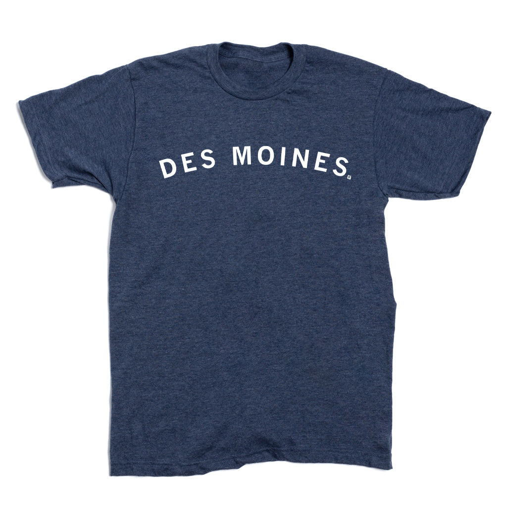 Blue RAYGUN short-sleeved t-shirt with DES MOINES. printed in white across the chest.