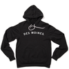 Black RAYGUN hooded sweatshirt with DES MOINES. printed in white across the chest.