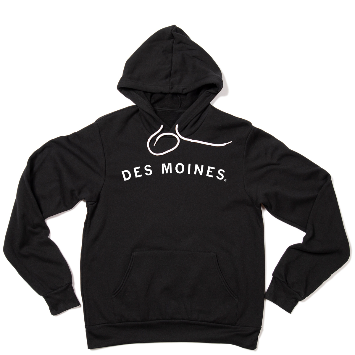 Black RAYGUN hooded sweatshirt with DES MOINES. printed in white across the chest.