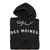 Black union-made hooded sweatshirt with DES MOINES printed in white on the front.
