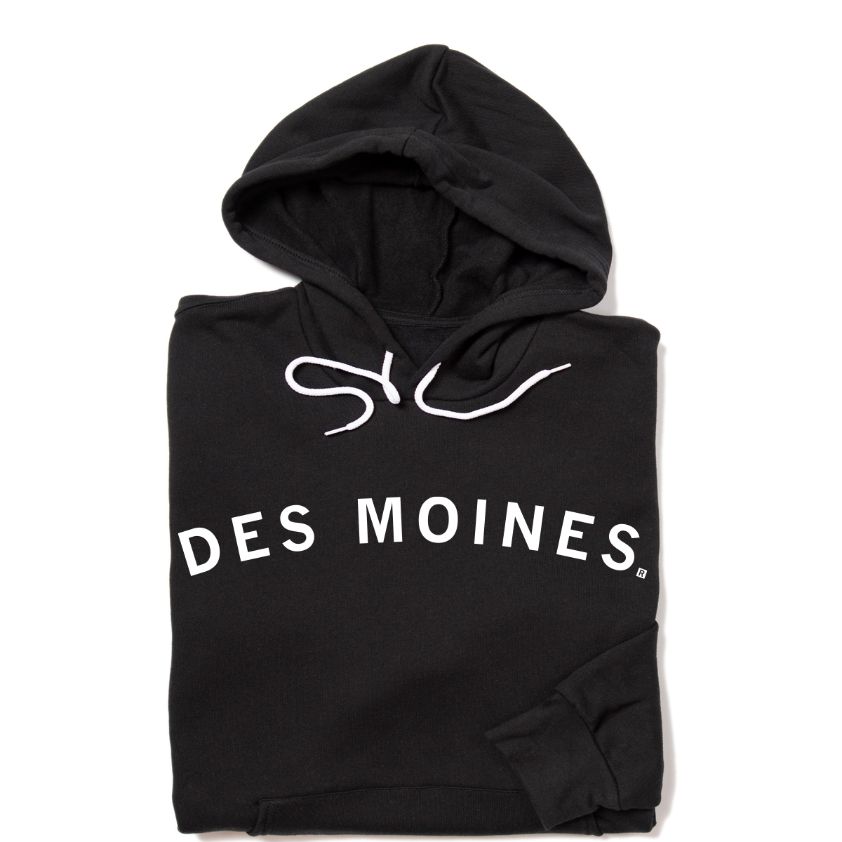 Black union-made hooded sweatshirt with DES MOINES printed in white on the front.