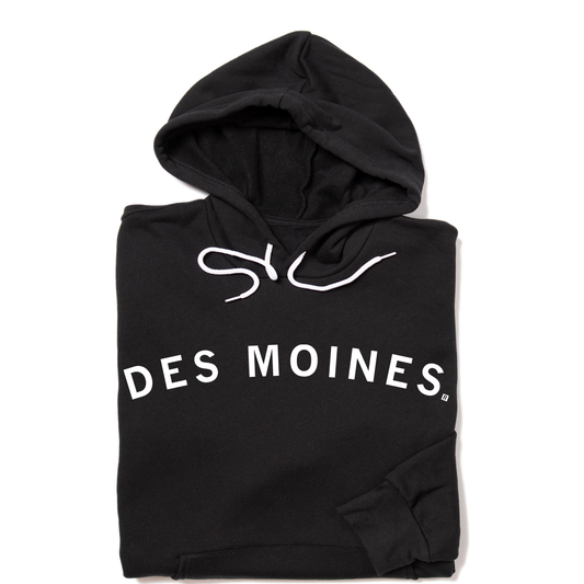 Black union-made hooded sweatshirt with DES MOINES printed in white on the front.