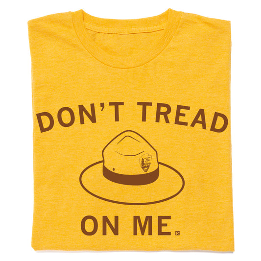 Yellow union-made RAYGUN t-shirt featuring a brown National Park Service ranger hat graphic and the text DONT TREAD ON ME.
