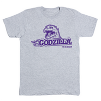 Heather grey t-shirt with purple ink that says, "Godzilla The OG Dragon" with Godzilla's head emerging above the text.