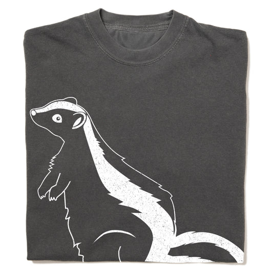Charcoal grey heavyweight cotton t-shirt featuring a white screen-printed graphic of a standing skunk.
