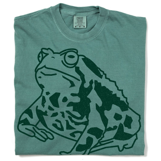 Heavyweight light green short-sleeved t-shirt with a dark green American Toad graphic on the front.