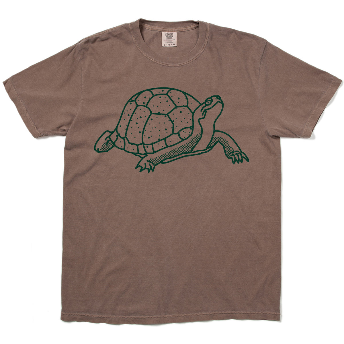 Heavyweight espresso crewneck t-shirt featuring a green line drawing of a Blanding’s turtle.