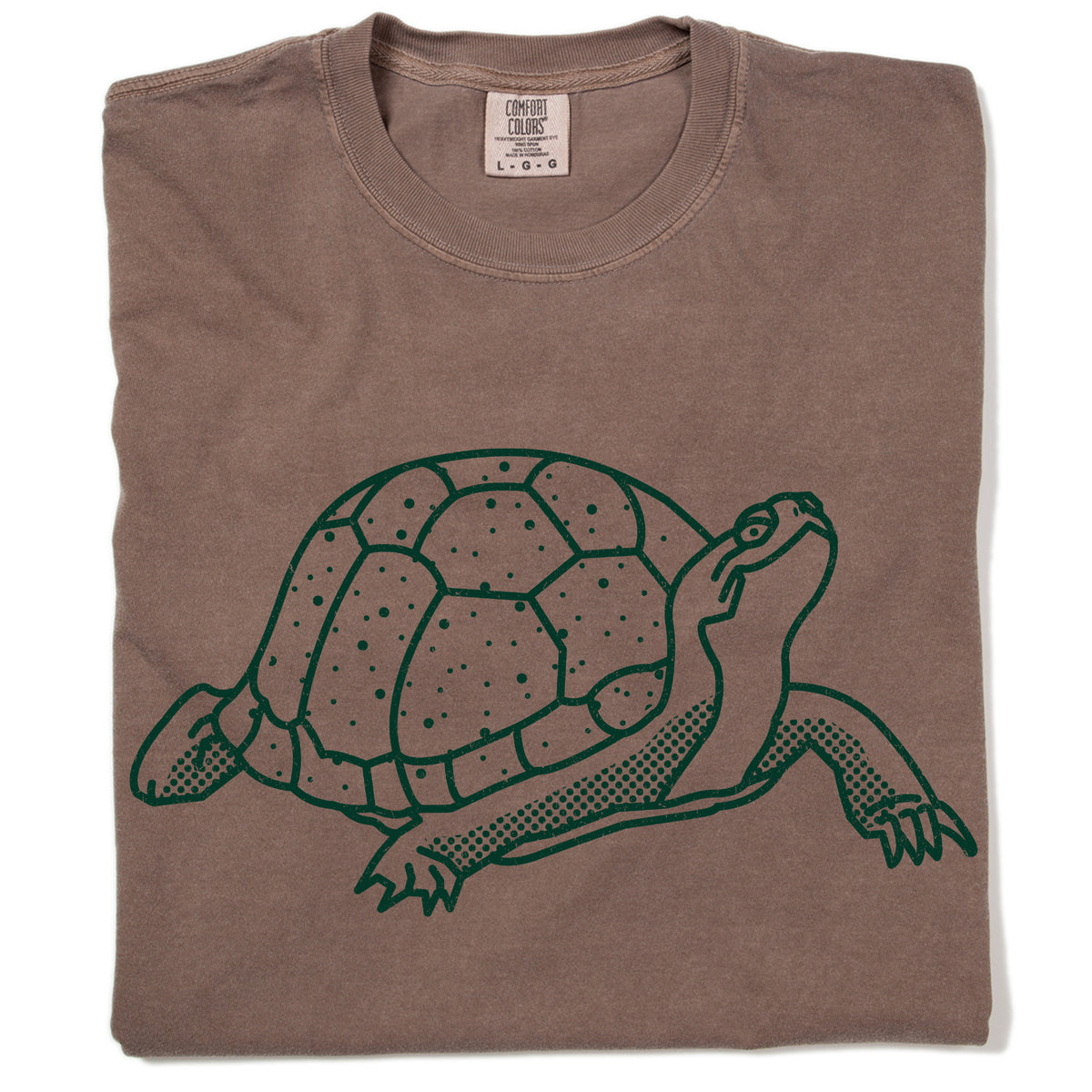 Espresso-colored heavyweight T-shirt featuring a green line-art illustration of a Blanding’s turtle.