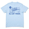 Light blue RAYGUN t-shirt featuring a cat lying on top of a Chicago L train, with the text CAT CHICAGO in a circle and EL CAT TRAIN below.